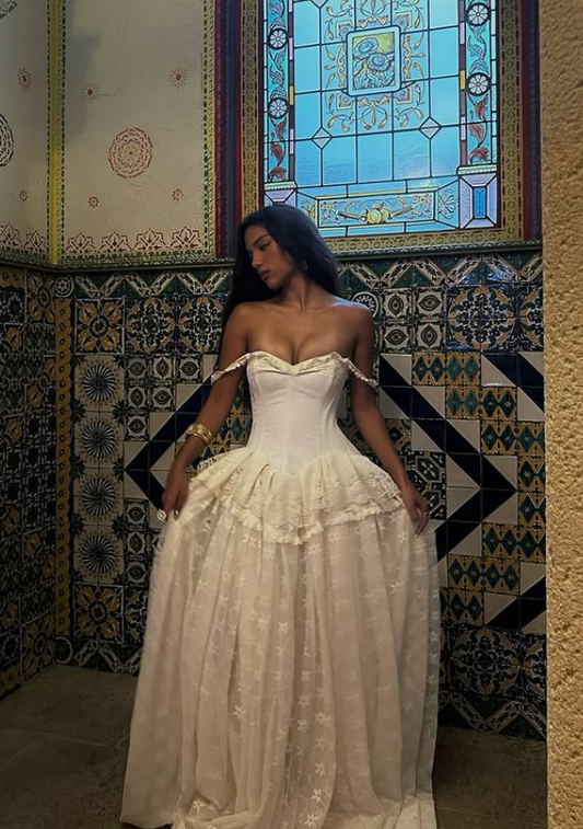 Vintage Ball Gown Off the Shoulder Satin Lace Prom Dress Wedding Dress SH4479