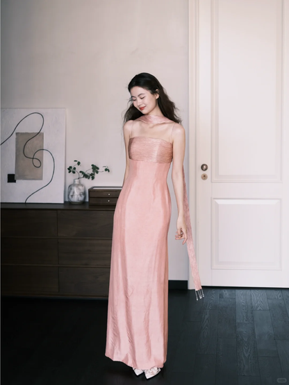 Elegangt Simple Pink A Line Spaghetti Straps Pleated Satin Prom Dress Party Dresses SH4586