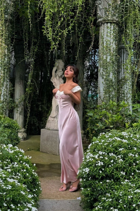 Princess Pink A Line Off the Shoulder Satin Prom Dress Evening Dress SH5756