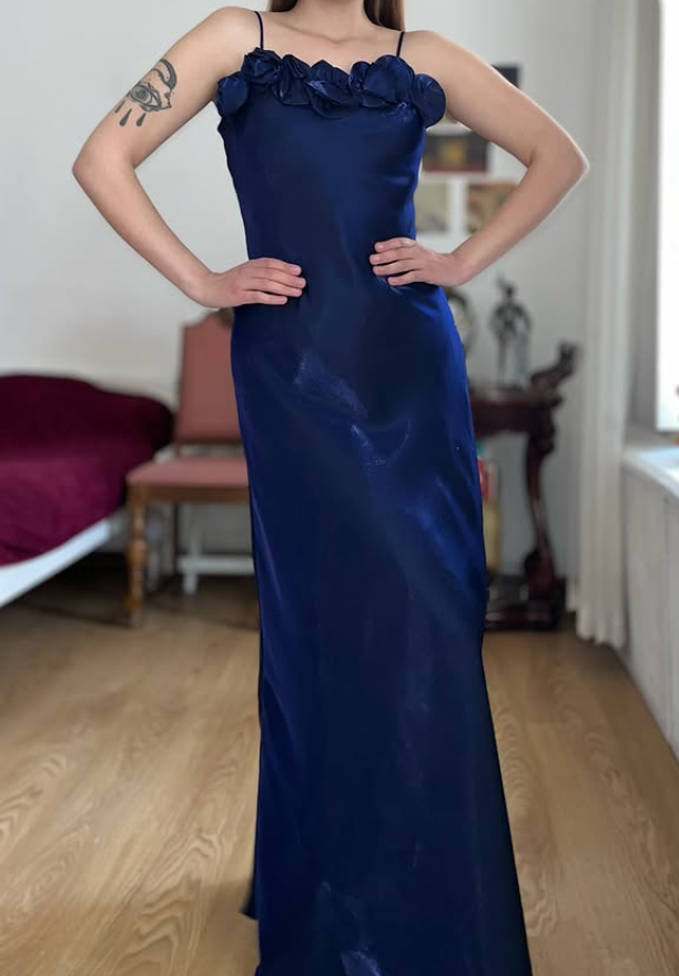 Dazzling Navy Blue A Line Straps Floral Satin Prom Dress Evening Dress Date Dress SH5638