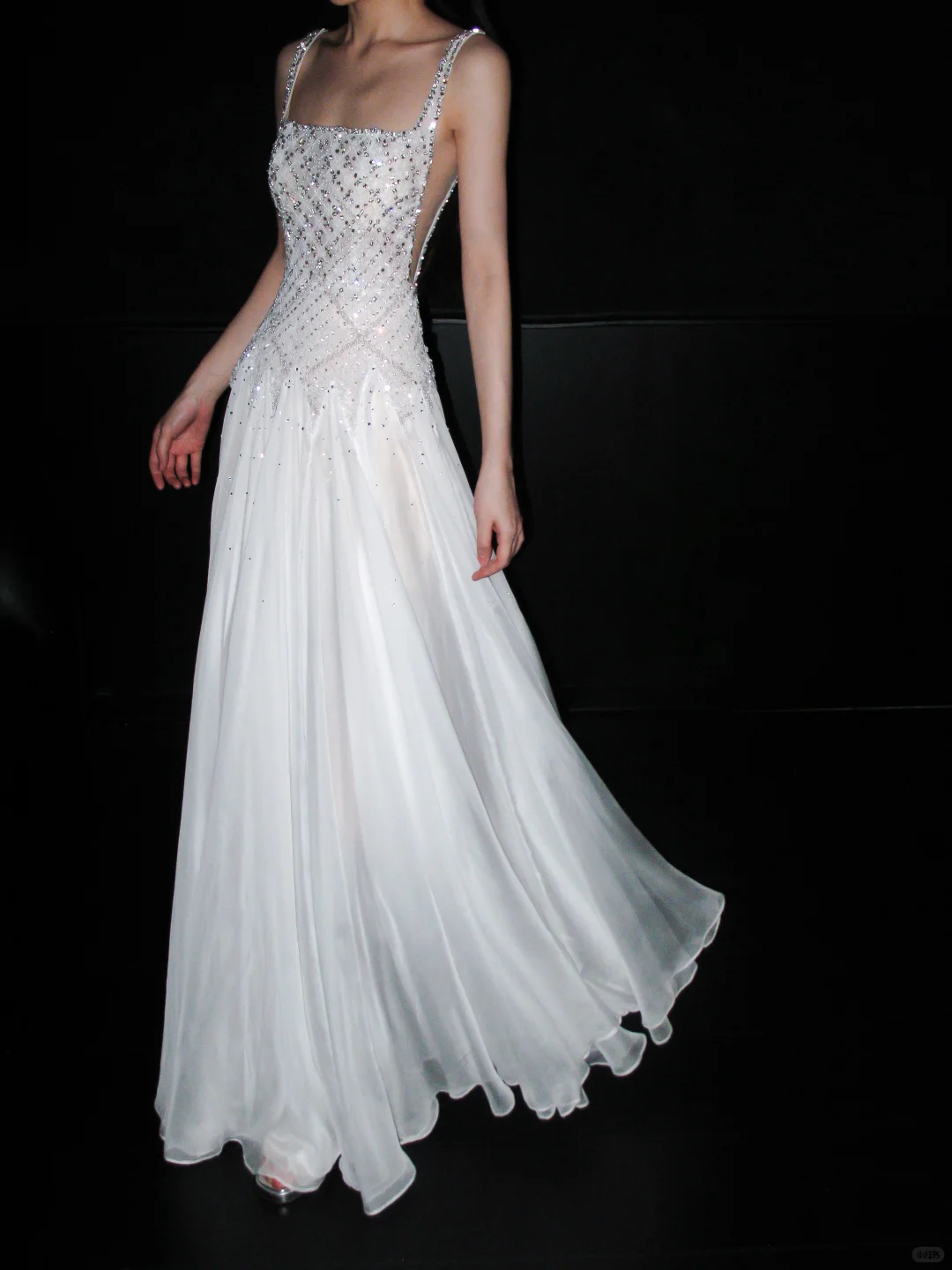 Shiny Exquisite Beaded Sequin A Line Straps White Chiffon Long Wedding Dress SH6628