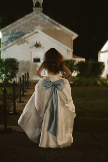 Cute Ball Gown Straps Blue Bow White Satin Long Prom Dress Wedding Dress SH7444