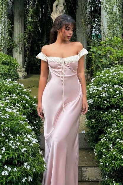 Princess Pink A Line Off the Shoulder Satin Prom Dress Evening Dress SH5756