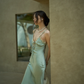 Sage Green Sheath Spaghetti Strap Appliques Satin Long Prom Dress Party Dress Outfits SH4965