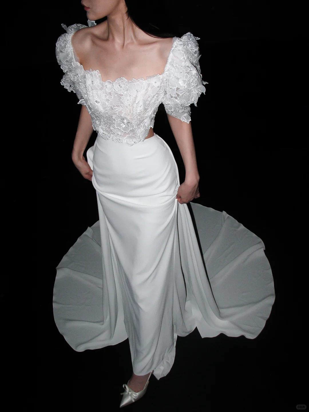 Cute Puff Sleeve A Line White Lace Satin Long Wedding Dress SH5978