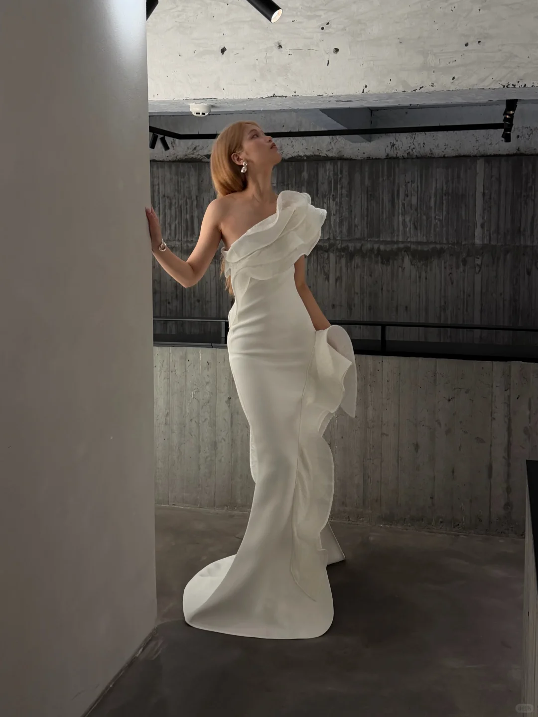 Styletic Mermaid One Shoulder Ruffle White Organza Satin Prom Dress Evening Dress SH7720