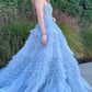 Blue Princess A-line Strapless Tiered Tulle Prom Dress Evening Dress SH1710