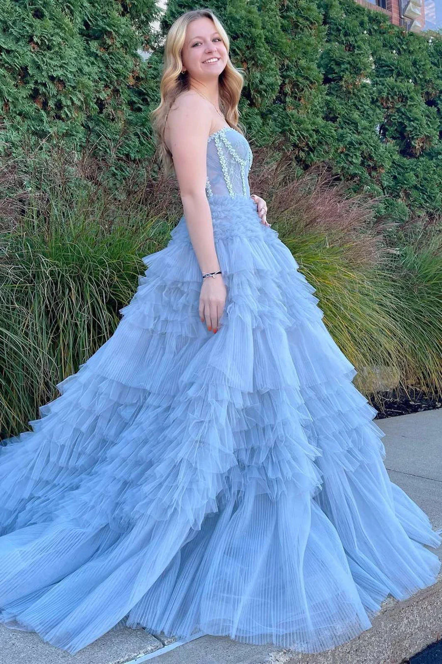 Blue Princess A-line Strapless Tiered Tulle Prom Dress Evening Dress SH1710