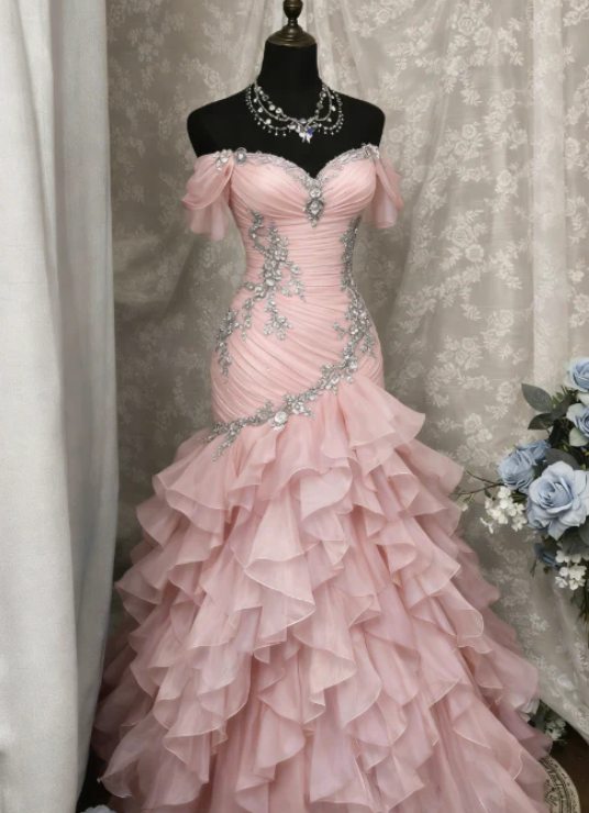 Blue Dreamy Mermaid Exquisite Beaded Layered Ruffle Tulle Prom Dress Evening Gown SH5422