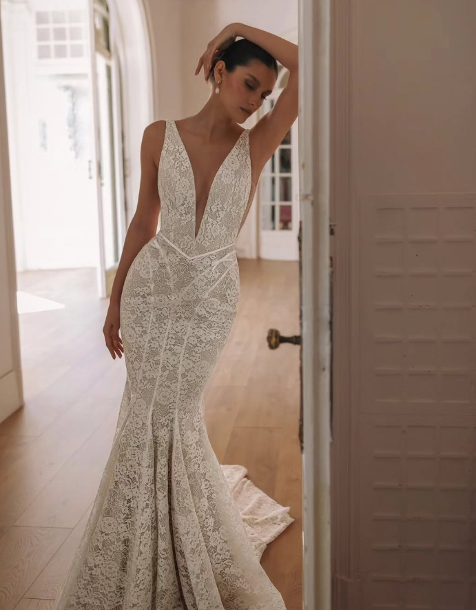 Sexy Mermaid Deep V neck White Lace Long Train Wedding Dress SH7159