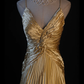 Vintage Gold A Line Spaghetti Straps Pleated Beaded Satin Prom Dress Graduation Prom Dress SH5188