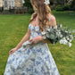 Simple A Line Spaghetti Straps Blue Print Floral Satin Prom Dress Evening Dress SH6372