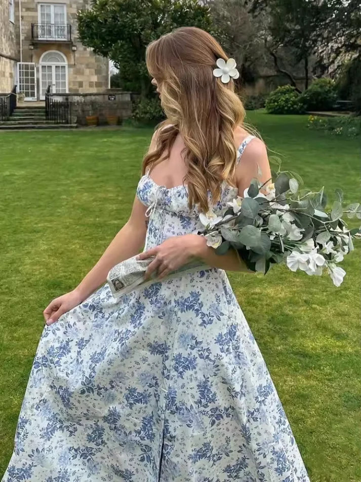 Simple A Line Spaghetti Straps Blue Print Floral Satin Prom Dress Evening Dress SH6372