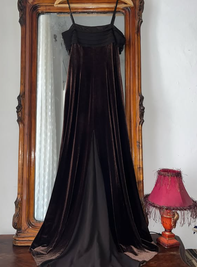 Vintage Sheath Spaghetti Strap Brown Velvet Prom Dress Evening Dress SH6075