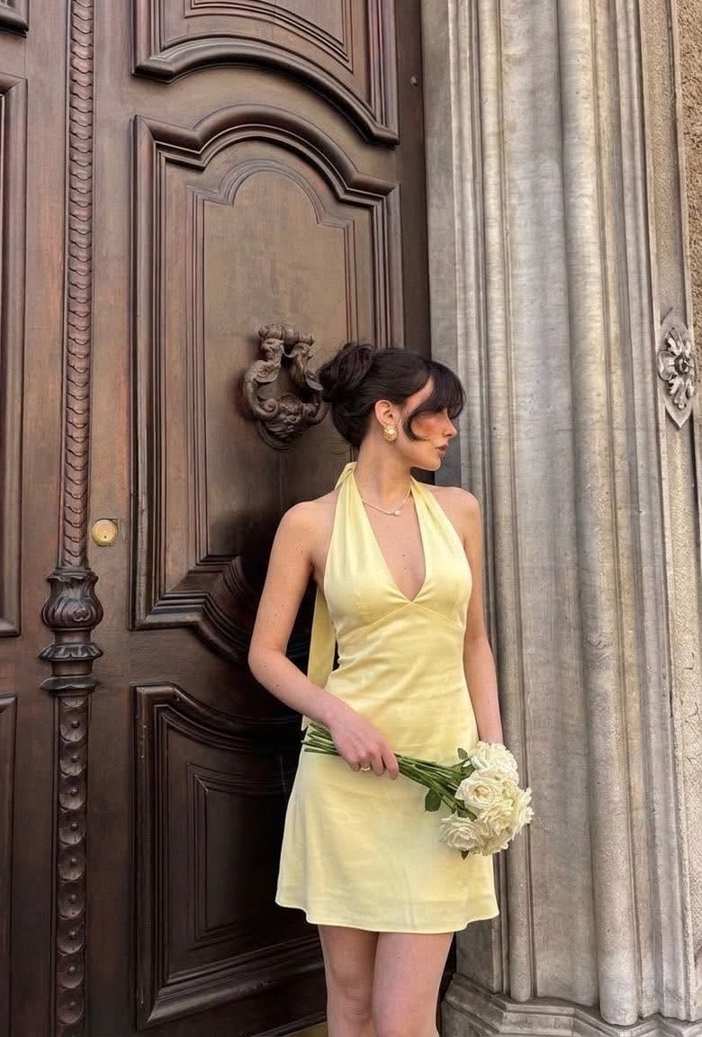 Cute Yellow A Line V Neck Satin Short Homecoming Dress Outfits SH5808