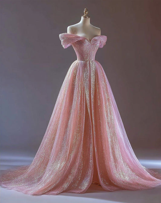 Princess A Line Off the Shoulder Pink Tulle Prom Dress 16th Birthday Dress SH4135