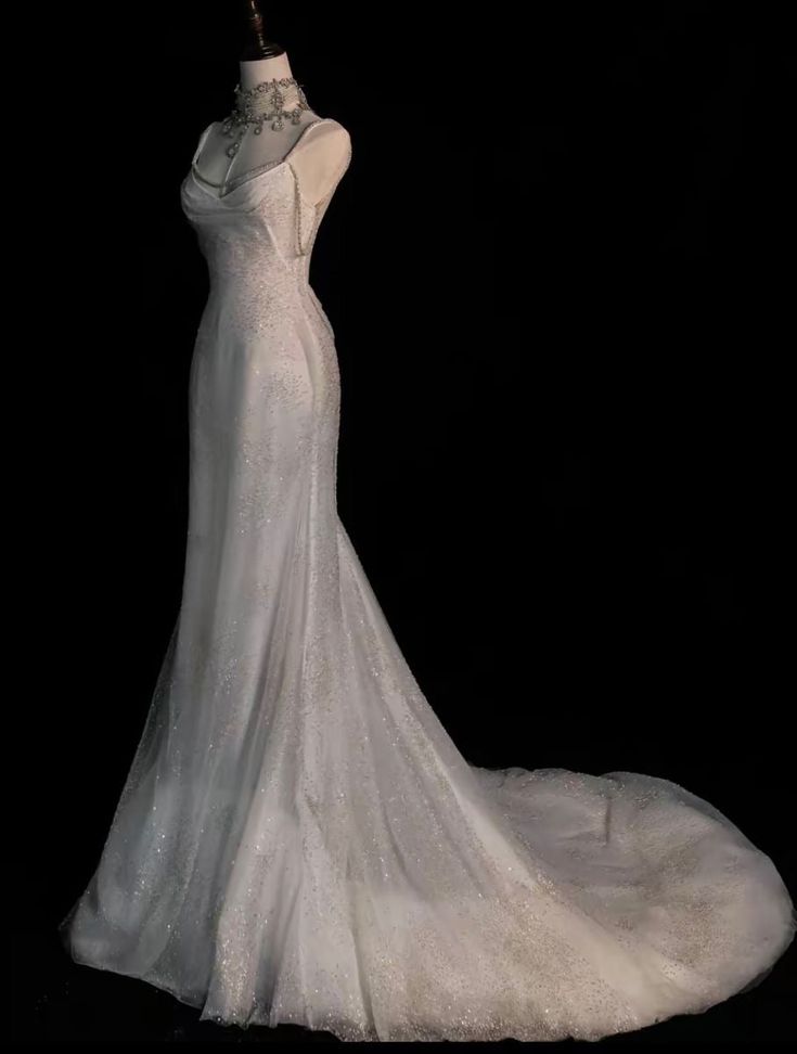 Elegant White Mermaid Spaghetti Straps Sequin Tulle Open Back Long Party Dress Date Dress SH3688