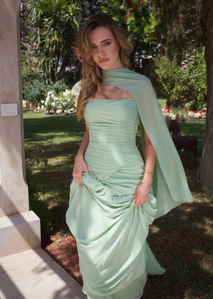 Light Green Elegant A Line Strapless Pleated Chiffon Prom Dress Evening Dress SH6526