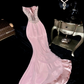 Pink Mermaid Sweetheart Neck Appliques Chiffon Satin Long Prom Dress Party Dress SH3069