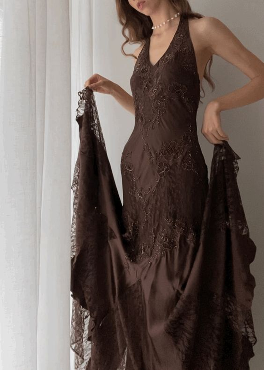 Vintage Mermaid Sleeveless Halter Brown Long Prom Dress SH1378