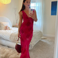 Red Print Sheath V Neck Chiffon Long Prom Dress Evening Dress Outfits SH7252
