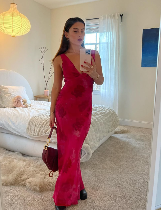 Red Print Sheath V Neck Chiffon Long Prom Dress Evening Dress Outfits SH7252