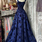 Vintage A Line Straps Print Floral Chiffon Navy Blue Satin Prom Dress SH5516
