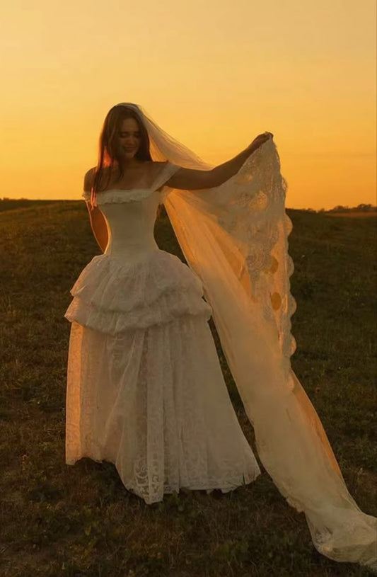 Vintage Simple A Line Off the Shoulder White Lace Long Wedding Dress SH5391