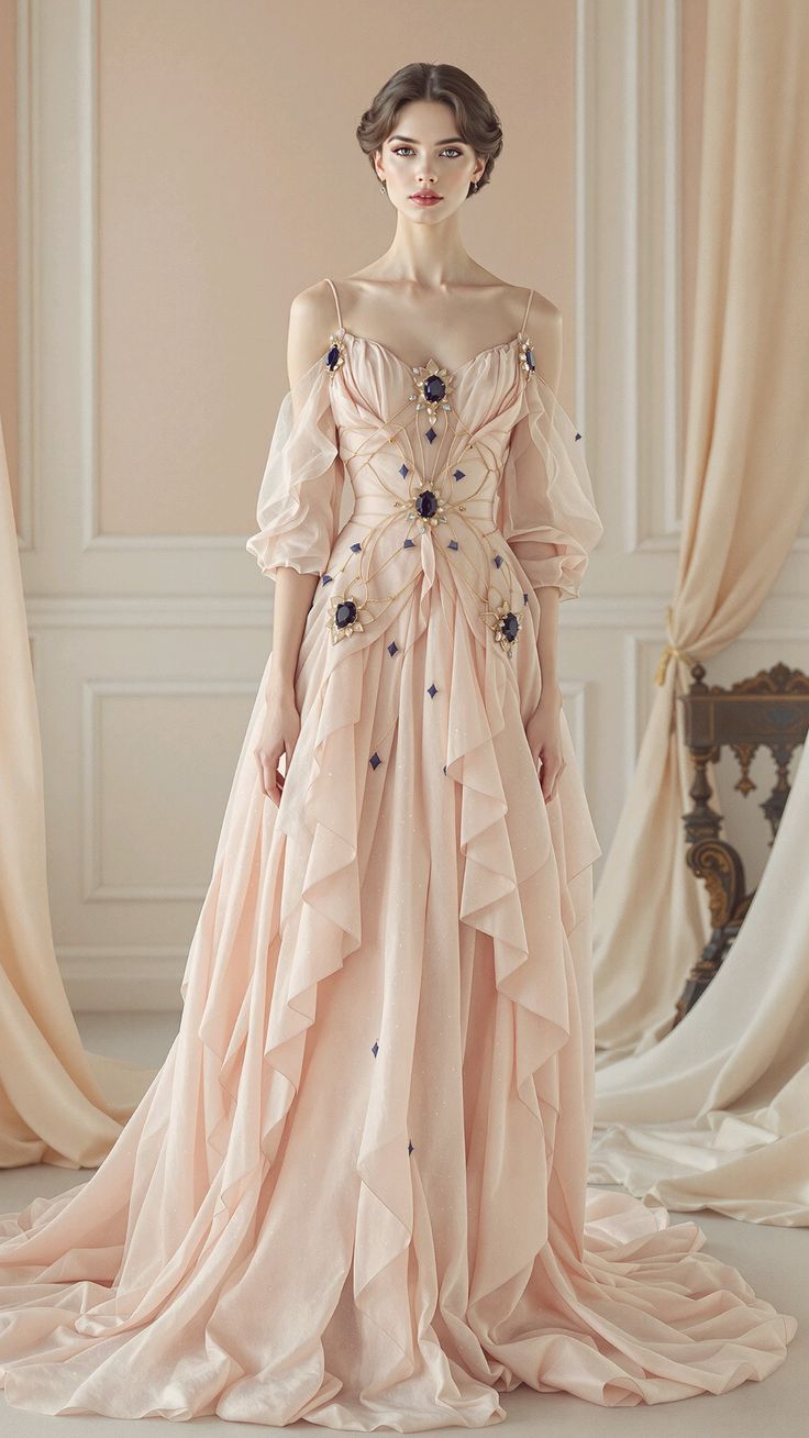 Sapphire A Line Long Sleeve Ruffle Light Pink Chiffon Prom Dress 16th Birthday Dress Wedding Guest Dress SH4280