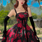 Vintage A Line Spaghetti Strap Red Appliques Black Satin Prom Dress Evening Dress SH4255