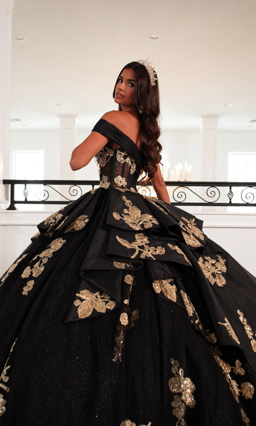 Black Ball Gown Gold Applique Beaded Tulle Long Prom Dress Quinceanera Dress SH5164