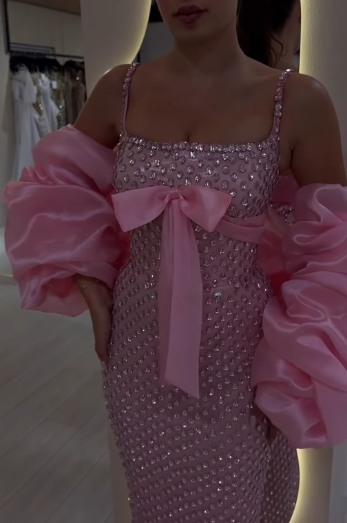 Pink Sheath Spaghetti Strap Exquisite Rhinestone Long Satin Ball Gown Evening Dress Prom Dress SH4824