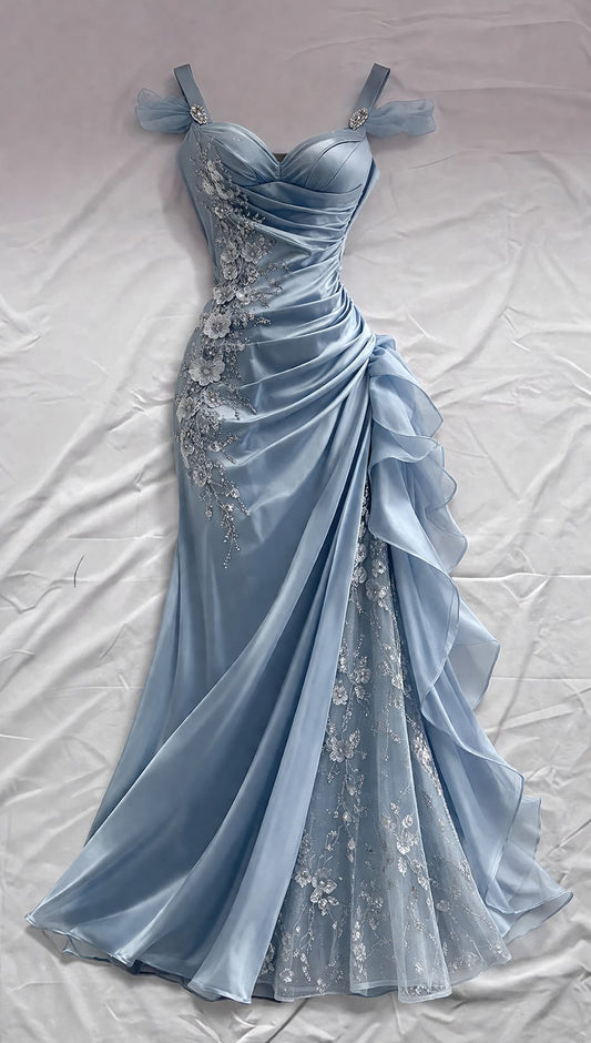 Baby Blue 3D Floral Mermaid Beaded Tulle Satin Prom Dress Evening Dress SH6445