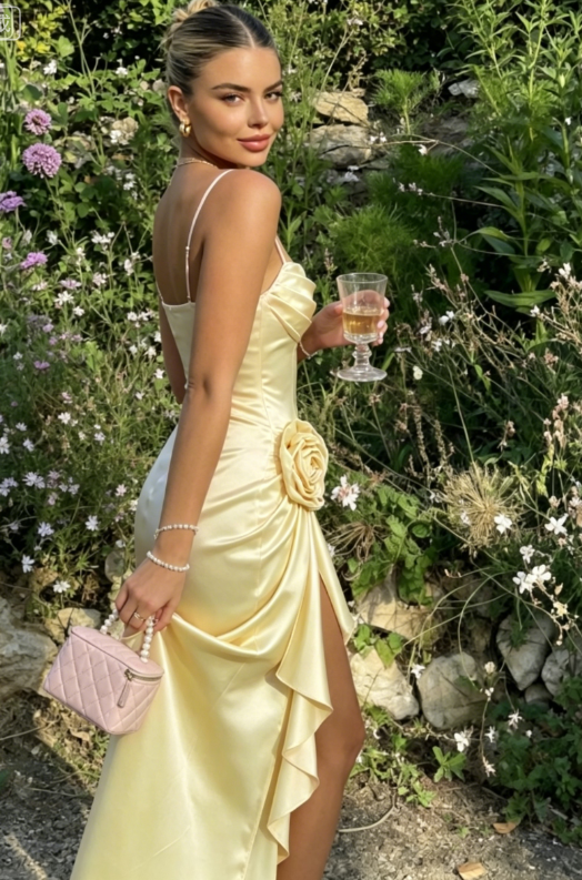 Pink Sheath Spaghetti Strap Floral Satin Prom Dress Evening Dress with Slit SH5500