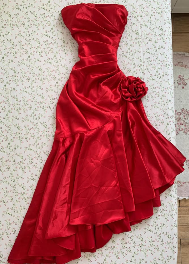 Vintage Mermaid Strapless Red Satin Prom Dress Party Dress SH7414