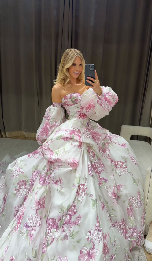 Stunning Ball Gown Long Sleeve Pink Print Satin Prom Dress Evening Dress SH8369