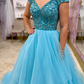 Romantic Blue A Line Off the Shoulder Beaded Tulle Long Prom Dress Evening Dress SH6814
