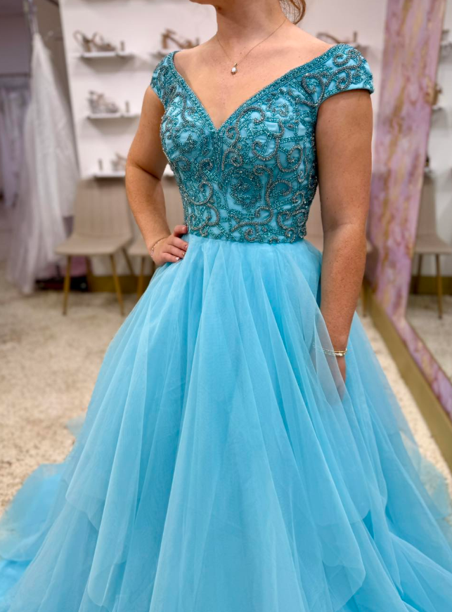 Romantic Blue A Line Off the Shoulder Beaded Tulle Long Prom Dress Evening Dress SH6814