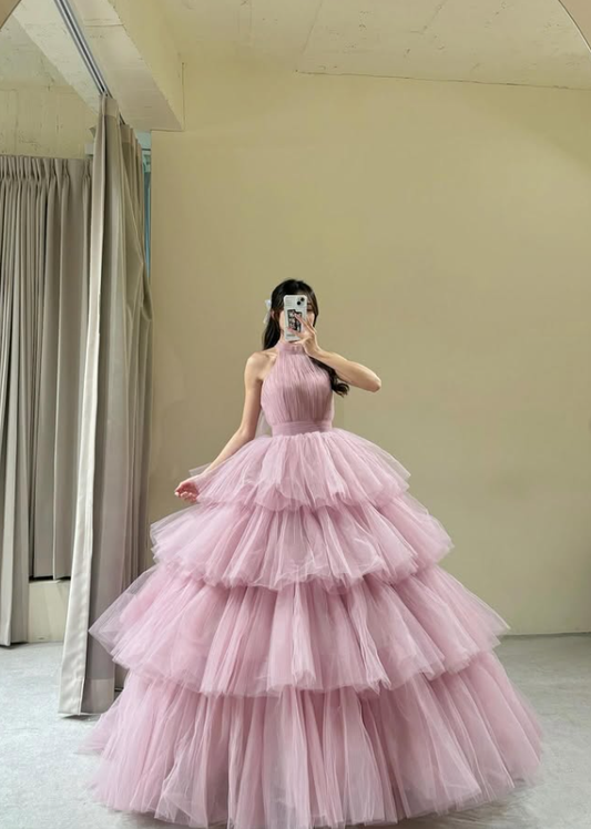 Pink Ball Gown Halter Layered Tulle Long Prom Dress Evening Dress SH5104