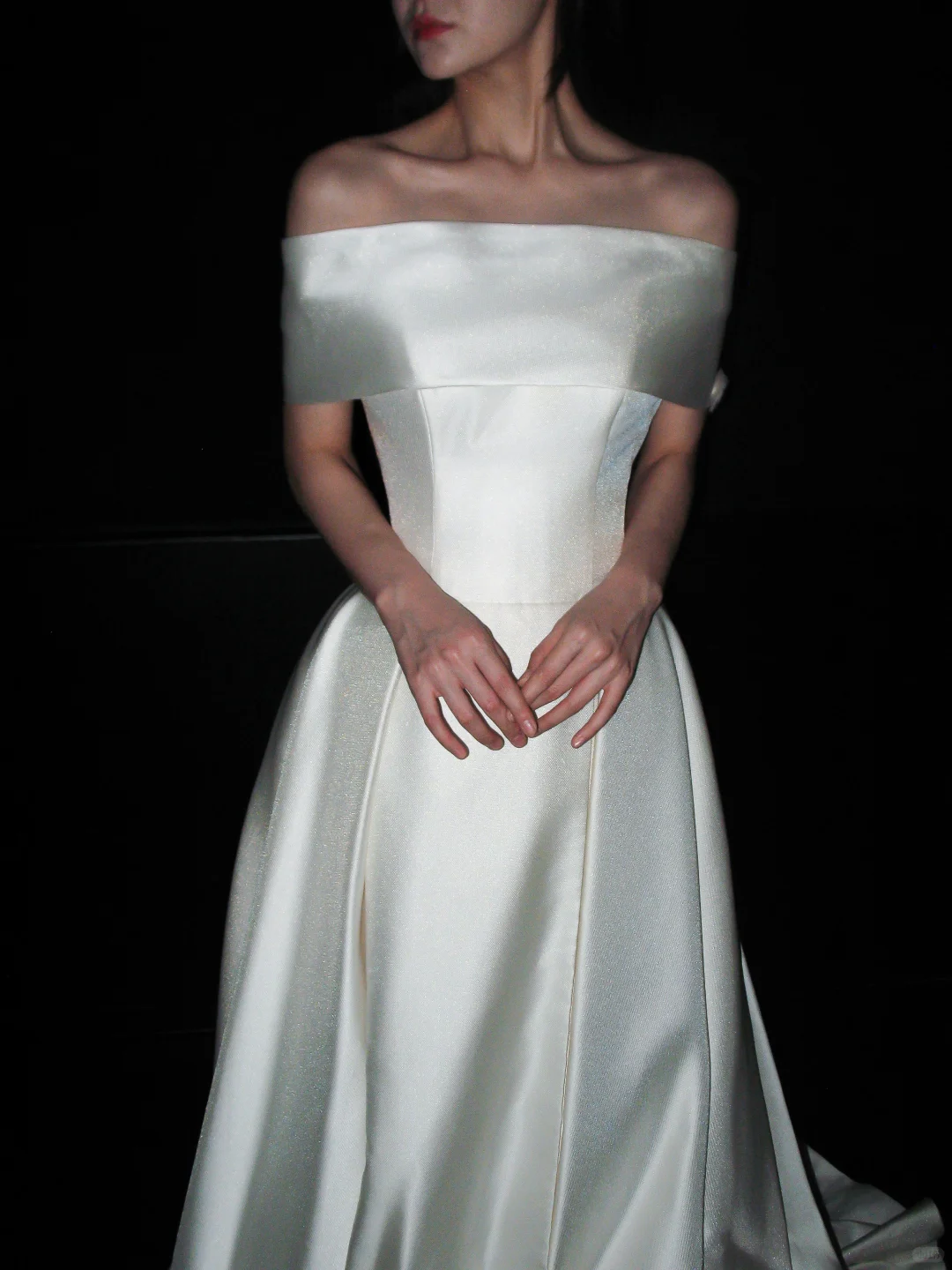 Vintage A Line Off the Shoulder White Simple Satin Long Wedding Dress SH8927
