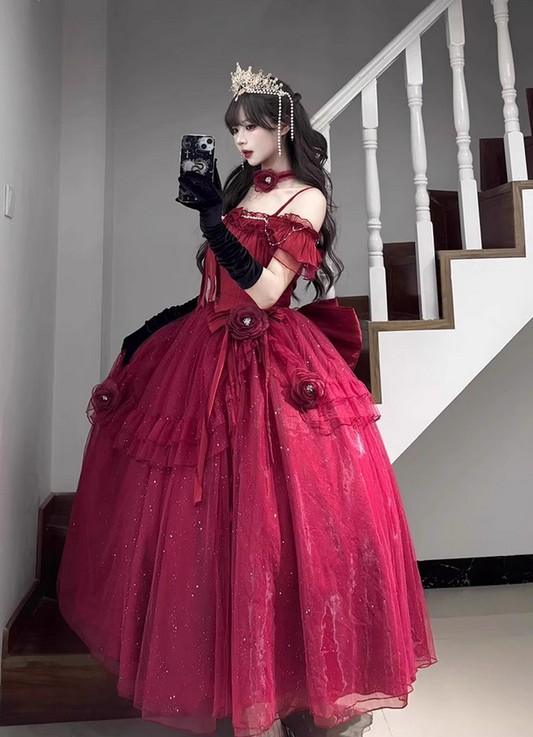 Burgundy Ball Gown Straps Pearls Sequin Tulle Prom Dress 16th Birthday Dress SH4913