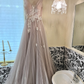 Dusty Rose Quartz A Line Round Neck White Appliques Tulle Long Party Dress Prom Dress Formal Dress SH3854