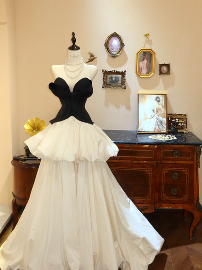 Unique Black-white Ball Gown Strapless Satin Long Prom Dress Evening Dress SH7410