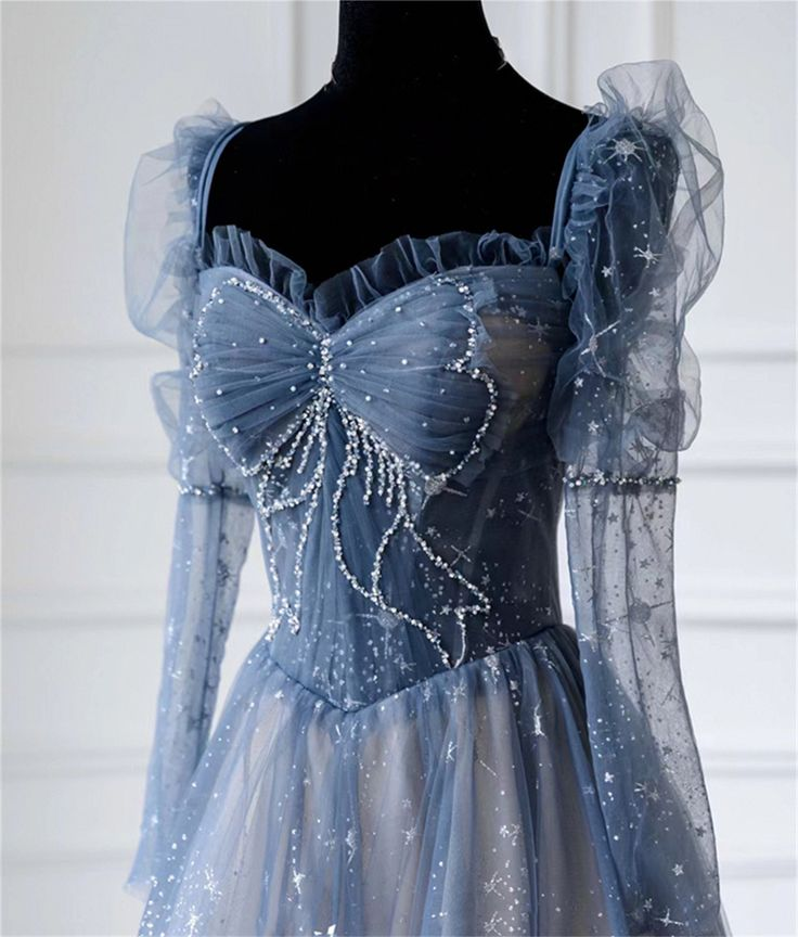 Elegant Blue Tulle Beaded Fairy Ball Gown Long Prom Dress Quinceanera Dress  SH1028