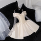 Cute A Line Off the Shoulder Beaded Ivory Satin Tulle Short Homecoming Dress Birthday Dress SH3099
