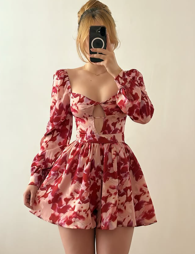 Gentle Pink Print Floral A Line Satin Short Prom Dress Homecoming Dress Outfits SH6854