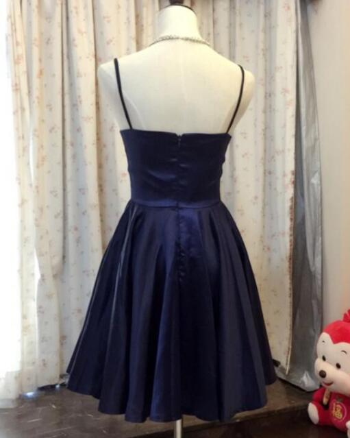 Navy Blue Satin A Line Short Homecoming Dress SH1396