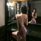 Sexy Purple A Line One Shoulder Satin Open Back Prom Dress Evening Dress Date Dress with Slit SH4905