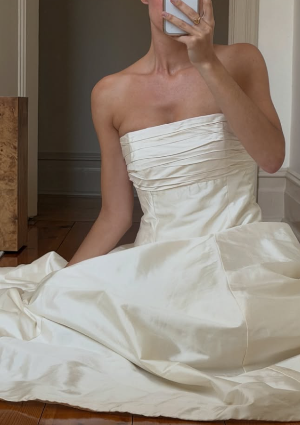 Vintage A Line Strapless Simple Ivory Satin Long Wedding Dress SH8476