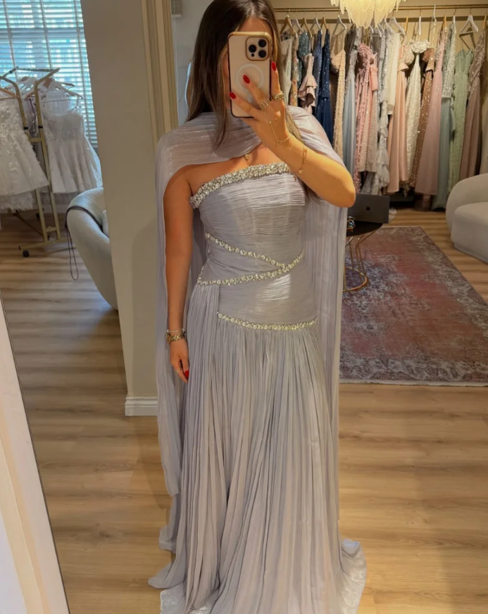 Ethereal A Line Strapless Beaded Chiffon Long Prom Dress Evening Dress SH7303